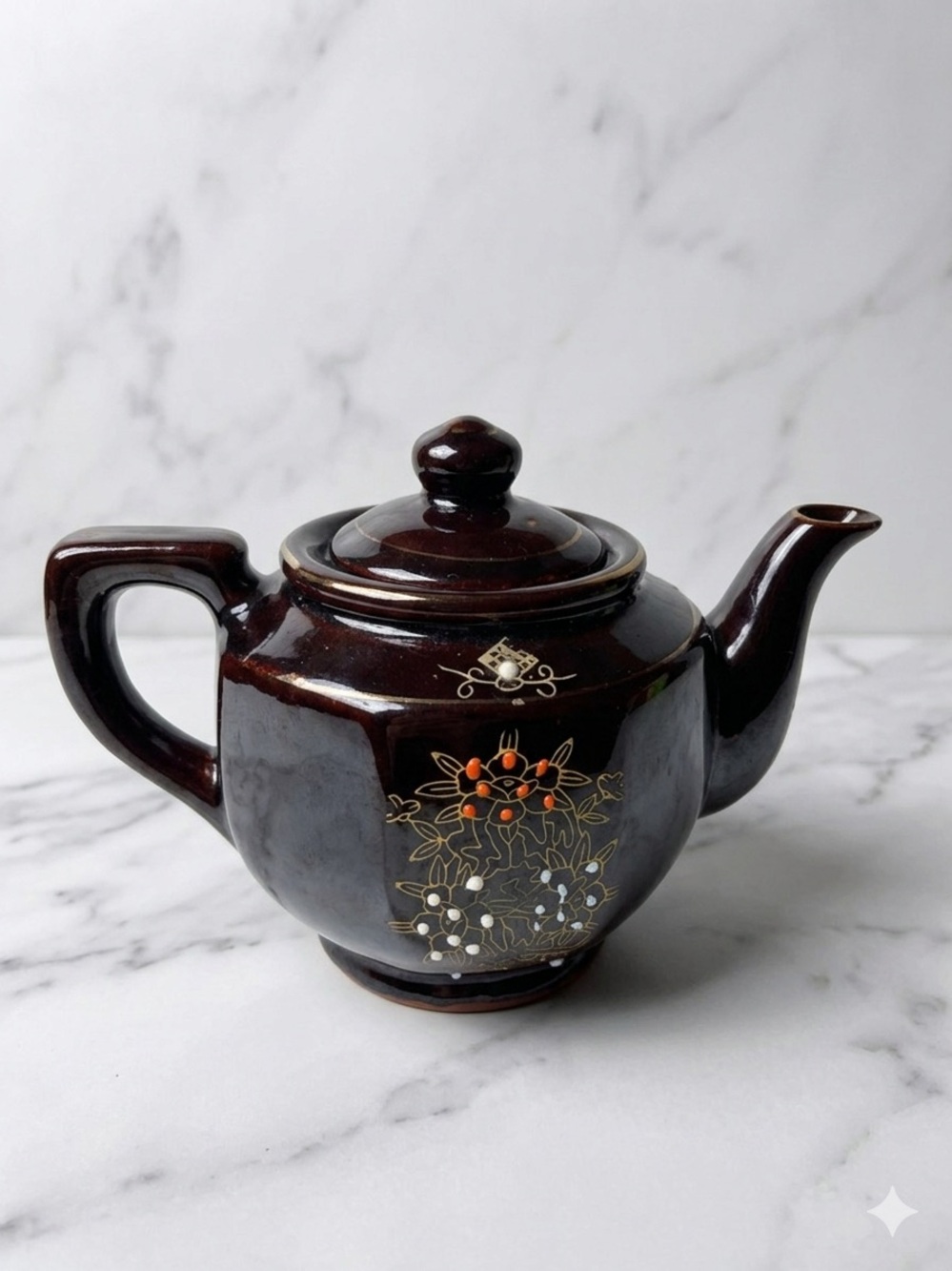 VTG Japanese Moriage Teapot Brown Redware Hand Painted Floral Mid-Century